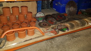 LOT TO CONTAIN VARIOUS CUTTING DISKS, DRAINAGE COMPONENTS,HAMMER AND BAND SAW