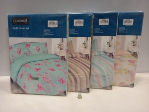 25 X BRAND NEW COLOROLL SINGLE QUILT COVER SETS IN VARIOUS STYLES I.E PINK FLORAL, BLUE FLORAL, WHITE FLORAL, BLUE SPOTTED, CREAM AND BROWN SPOTTED, CREAM AND BROWN STRIPE ETC