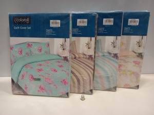 25 X BRAND NEW COLOROLL SINGLE QUILT COVER SETS IN VARIOUS STYLES I.E PINK FLORAL, BLUE FLORAL, WHITE FLORAL, BLUE SPOTTED, CREAM AND BROWN SPOTTED, CREAM AND BROWN STRIPE ETC