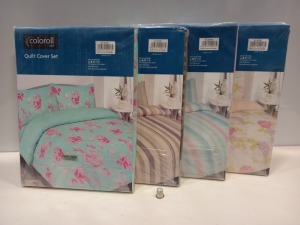 25 X BRAND NEW COLOROLL SINGLE QUILT COVER SETS IN VARIOUS STYLES I.E PINK FLORAL, BLUE FLORAL, WHITE FLORAL, BLUE SPOTTED, CREAM AND BROWN SPOTTED, CREAM AND BROWN STRIPE ETC