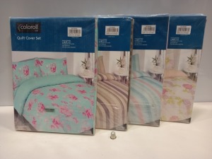 25 X BRAND NEW COLOROLL SINGLE QUILT COVER SETS IN VARIOUS STYLES I.E PINK FLORAL, BLUE FLORAL, WHITE FLORAL, BLUE SPOTTED, CREAM AND BROWN SPOTTED, CREAM AND BROWN STRIPE ETC