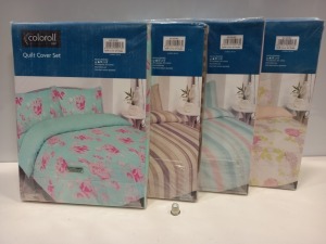 25 X BRAND NEW COLOROLL SINGLE QUILT COVER SETS IN VARIOUS STYLES I.E PINK FLORAL, BLUE FLORAL, WHITE FLORAL, BLUE SPOTTED, CREAM AND BROWN SPOTTED, CREAM AND BROWN STRIPE ETC