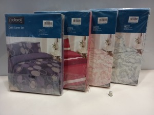 25 X BRAND NEW COLOROLL DOUBLE QUILT COVER SET IN VARIOUS STYLES IE RED FLORAL, BLUE FLORAL, PURPLE SPOTTED, GREY SPOTTED, BLUE STRIPED ETC