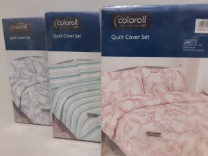 25 X BRAND NEW COLOROLL KING QUILT COVER SET IN VARIOUS STYLES IE BLUE FLORAL, RED FLORAL, BROWN STRIPED, BLUE STRIPED ETC - PICK LOOSE