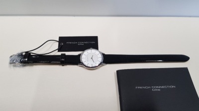 5 X BRAND NEW FRENCH CONNECTION LADIES WATCHES WITH WHITE FACE AND GLOSSY BLACK LEATHER STRAP - PRODUCT CODE FC1171B