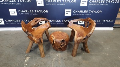 BRAND NEW SOLID TEAK ROOT WOODEN ROUND COFFEE TABLE AND CHAIRS DIA - 50CM RRP £765