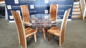 BRAND NEW SOLID TEAK ROOT WOODEN ROUND DINING TABLE WITH SUAR BLOCK CHAIRS DIA - 150cm X 77cm RRP £