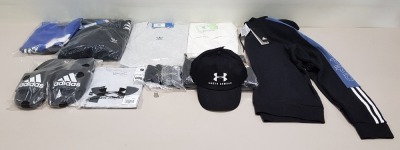 10 PIECE CLOTHING LOT CONTAINING AN UNDER ARMOUR HAT, ADIDAS SLIDERS, UNDER ARMOUR T SHIRT AND AN ADIDAS HOODIE ETC