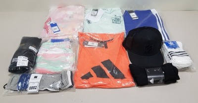 10 PIECE CLOTHING LOT CONTAINING ADIDAS SOCKS, VANS SOCKS, ADIDAS HAT, ADIDAS TRACK PANTS AND REEBOK SOCKS ETC