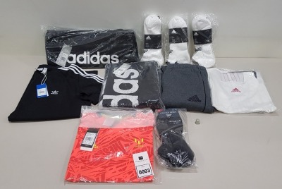 10 PIECE CLOTHING LOT CONTAINING ADIDAS SOCKS, ADIDAS T SHIRT, ADIDAS SWEATPANTS AND AN ADIDAS DUFFELBAG ETC