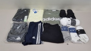 11 PIECE CLOTHING LOT CONTAINING REEBOK & ADIDAS SOCKS, ADIDAS SHORTS, ADIDAS PANTS AND AN ADIDAS T SHIRT ETC