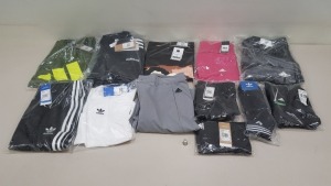 12 PIECE CLOTHING LOT CONTAINING ADIDAS TRACK PANTS, ADIDAS SOCKS, ADIDAS PANTS AND ADIDAS T SHIRTS IN VARIOUS STYLES AND SIZES ETC