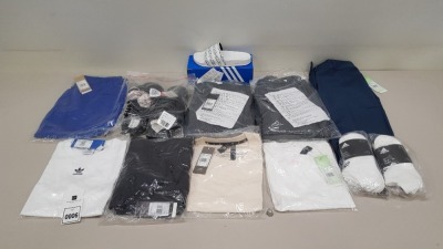 12 PIECE CLOTHING LOT CONTAINING ADIDAS SLIDERS, ADIDAS SWEATPANTS, ADIDAS SHORTS, ADIDAS PANTS AND ADIDAS T SHIRTS ETC