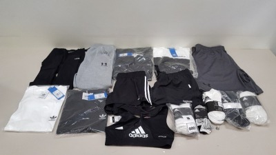 15 PIECE CLOTHING LOT CONTAINING ADIDAS SOCKS, UNDER ARMOUR PANTS, ADIDAS T SHIRTS, REEBOK SHORTS AND UNDER ARMOUR SHORTS ETC