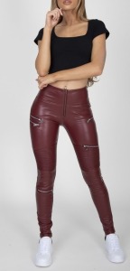 9 X BRAND NEW HUGZ JEANS DESIGNER BRANDED WINE COL FAUX LEATHER BIKER PANTS HIGH WAIST SIZE 8 - S - IN INDIVIDUAL BAGS WITH TAGS - BARCODE 1119998884022 - RRP £70 @ TOTAL £630