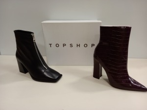 12 X BRAND NEW TOPSHOP SHOES - 6 X HEIDI BLACK SHOES UK SIZE 6 RRP £89.00 AND 6 X HARRI BURGUNDY SHOES UK SIZE 5 RRP £59.00 (TOTAL RRP £888.00)
