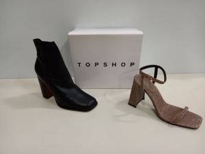 14 X BRAND NEW TOPSHOP SHOES IE ROCCO GOLD SHOES UK SIZE 7 RRP £39.00, HOLDEN BLACK SHOES UK SIZE 7 RRP £75.00 AND HAVANA NATURAL SHOES UK SIZE 2 RRP £89.00 ETC