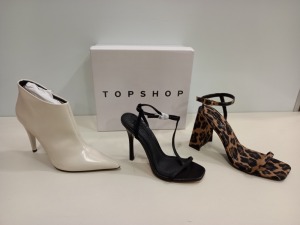 15 X BRAND NEW TOPSHOP SHOES IE HARLOW WHITE SHOES UK SIZE 4 RRP £39.00, ROCCO TRUE LEOPARD SHOES UK SIZE 7 RRP £39.00 AND RHYS BLACK SHOES UK SIZE 4 RRP £36.00 ETC