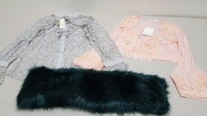 30 PIECE CLOTHING LOT CONTAINING DROLE DE COPINE FLORAL DETAILED TOPS IN GREY AND NUDE AND FURY SCARFS ETC