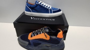 3 X BRAND NEW VINCENTIUS SHOES - 2 X V7 NAVY/ORANGE AND GREY SNEAKERS UK SIZE 7 AND 1 X NAVY VELVET SNEAKERS UK SIZE 7 RRP £155.00 PP