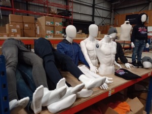 MISC LOT CONSISTING OF 8 MALE / CHILD MANEQUINS (NO STANDS) WITH ASSORTED DESIGNER CLOTHING ON A FULL SHELF