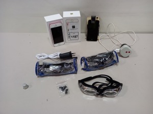 BOXED IPHONE WITH CHARGER, APPLE IPOD WITH CHARGER AND 5 ANTI FOG PRESCRIPTION SWIMMING GOGGLES