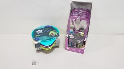 20 X BRAND NEW TOMMEE TIPPEE 4 PACK EASI - SCRAP FEEDING BOWLS AND 12 X TOMMEE TIPPEE GROWING UP FIRST CUTLERY SET