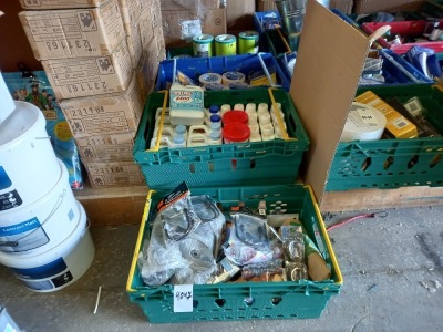 4 X TRAYS OF HARDWARE TO INCLUDE - CURTAIN HOLD BACKS, BLANK CD'S, (YALE) LOCKS, SAND PAPER, MASKING TAPE, (SENTINAL) X400 HIGH PERFORMANCE CLEANER, (EVO-STICK) PLUMBERS MATE ETC