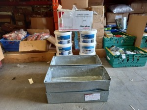 6 X 10LITRE TUBS OF MAGNOLIA WALL CEILING PAINT, 1 X EXPOSED CISTERN TOILET SYSTEM AND 4 X METAL TRAYS