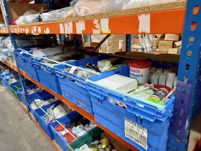 FULL SHELF CONTAINING MIXED HARDWARE TO INCLUDE - (EVO-STICK) PLUMBERS MATE, MULTI PURPOSE ADHESIVE & SEALANT, UNIVERSAL TRANSITION COUPLING, (ALTECH) UNIVERSAL CLEANER, GLASS PAPER, COPPER PIPE FITTINGS ETC…