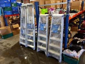 4 X MIXED ALUMINIUM STEP LADDERS TO INCLUDE - 2 X (WERNER) ALUMINIUM STEP LADDER WITH TOOL TRAY 150KG LOAD CAPACITY AND 2 X (WERNER) MASTER TRADE STEP LADDER WITH 130KG LOAD CAPACITY