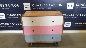 BRAND NEW SOLID MINDI WOODEN POLOS 3 DRAWER CABINET WHITE / PINK / GREY 95 X 45 X 87cm RRP £700