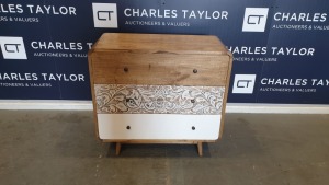 BRAND NEW SOLID MINDI WOODEN CARVING 3 DRAWER CABINET NATURAL / WHITE WASHED / WHITE 95 X 45 X