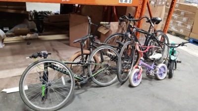 6 X VARIOUS BIKES IE CARRERA ABYSS, C1 COLLECTIVE BMX, TREK MOUNTAIN BIKE, REFLEX MOUNTAIN BIKE AND 2 X KIDS BIKES