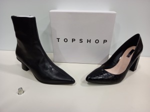 15 X BRAND NEW TOPSHOP MIXED SHOE LOT CONTAINING MAILE BLACK LEATHER STYLED BOOTS SIZE 5 RRP £59.00 AND BLACK TOPSHOP HIGH HEELS SIZE 9 RRP £42.00