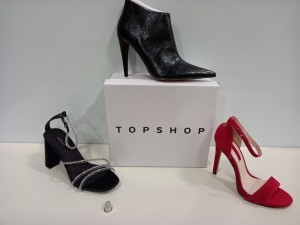 15 X BRAND NEW TOPSHOP SHOE LOT CONTAINING RAPHIE RED HIGH HEELS, HARLOW BLACK SHOES AND SKY BLACK SHOES ETC