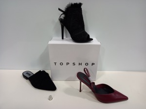 15 X BRAND NEW TOPSHOP SHOES IE GARLAND BURGUNDY HIGH HEELS, WHIRL DENIM SHOES AND ROUX GOLD SHOES ETC