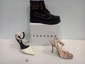 15 X BRAND NEW TOPSHOP SHOES IE GLIDE WHITE HEELS, RHYS NATURAL HEELS AND MIA SHOES ETC