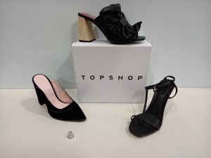 15 X BRAND NEW TOPSHOP SHOES IE UNIQUE PINK HEELS, UNIQUE BLACK HEELED SHOES AND PROSECCO BLACK LIMITED EDITION HEELS ETC