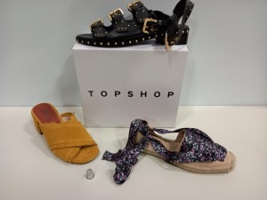 15 X BRAND NEW TOPSHOP SHOES IE NANCY MUSTARD SHOES, KING MULTI SANDALS AND FRANK BLACK SANDALS ETC