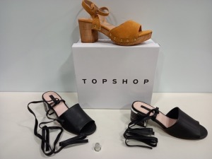 15 X BRAND NEW TOPSHOP SHOES IE NEEVE BLACK SHOES, VALENTINE MUSTARD SHOES AND GREY AND WHITE SANDALS