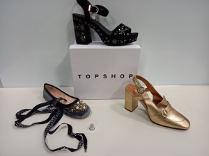15 X BRAND NEW TOPSHOP SHOES IE LOVE SILVER SHOES, REALM SILVER HEELS AND LACEY BLACK SHOES ETC