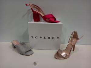 15 X BRAND NEW TOPSHOP SHOES IE RAPHAEL METALLIC HEELS, LOTUS KHAKI HEELED SHOES AND RICH PINK HEELED SHOES ETC