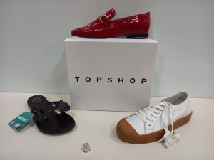 15 X BRAND NEW TOPSHOP SHOES IE TIDAL WHITE SHOES, ZAXY FLIP FLOPS AND FUSION BLACK SHOES ETC