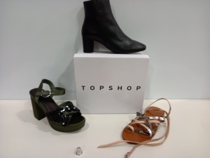 15 X BRAND NEW TOPSHOP SHOES IE LOTUS KHAKI HEELED SHOES, WHIPPY WHITE SHOES AND AGGY BLACK ANKLE BOOTS ETC