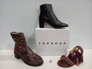 15 X BRAND NEW TOPSHOP SHOES IE AGGY BLACK ANKLE BOOTS, LOTUS KHAKI HEELED SHOES AND LAVA BLACK SHOES ETC
