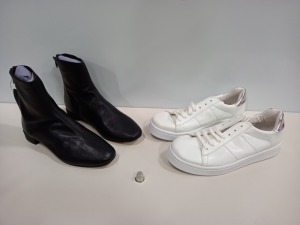 32 PIECE MIXED SHOE LOT CONTAINING TOPSHOP CONNIE WHITE TRAINERS AND TOPSHOP KROME BLACK BOOTS