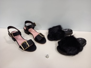37 X BRAND NEW MIXED SHOE LOT CONTAINING TOPSHOP DARE BLACK SANDALS AND HAIRY BLACK SLIDERS