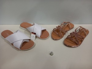 26 X BRAND NEW MIXED SHOE LOT CONTAINING DOROTHY PERKINS ROSE GOLD FIGARO SANDALS SIZE 7 AND 3