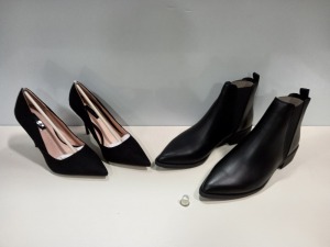 20 X BRAND NEW MIXED TOPSHOP SHOE LOT CONTAINING KARRA BLACK ANKLE BOOTS AND WF GEORGIA BLACK HEELS UK SIZE 4 AND 6